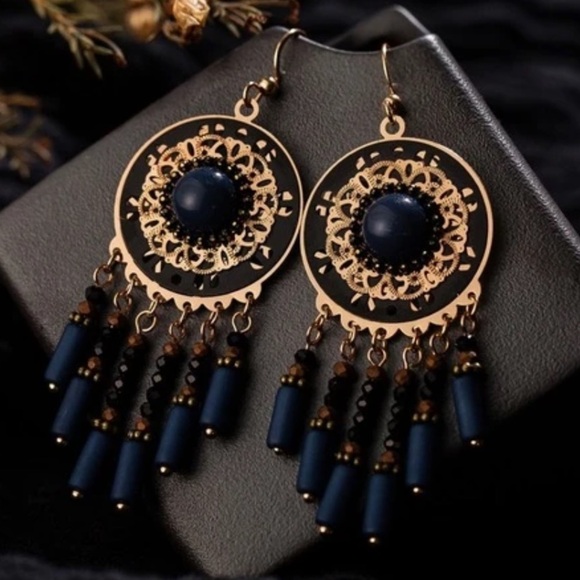 Boho Ethnic Beaded Stone Tassel Drop Earrings - Picture 1 of 2
